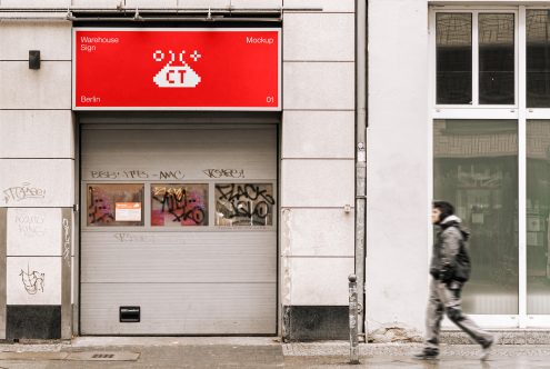 Urban storefront mockup with signage in Berlin for graphic design display, editable template, high-resolution, graffiti, passerby.